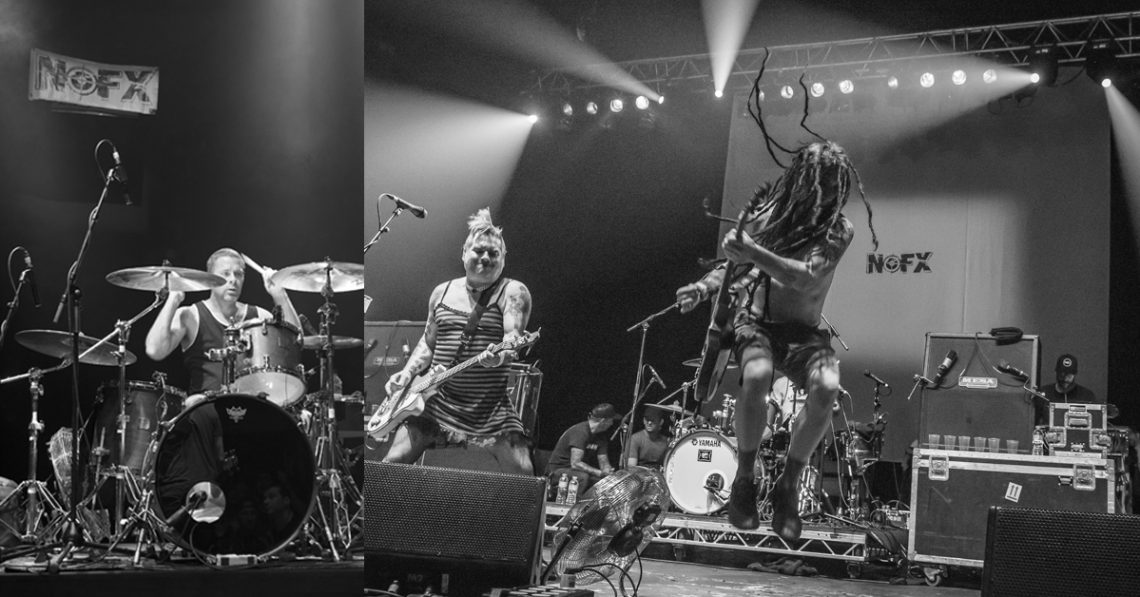 NOFX and their old and new gig backdrops performing in London in 2012 and 2015.