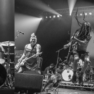NOFX and their old and new gig backdrops performing in London in 2012 and 2015.