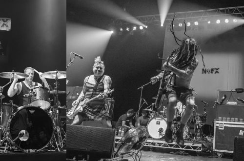 NOFX and their old and new gig backdrops performing in London in 2012 and 2015.